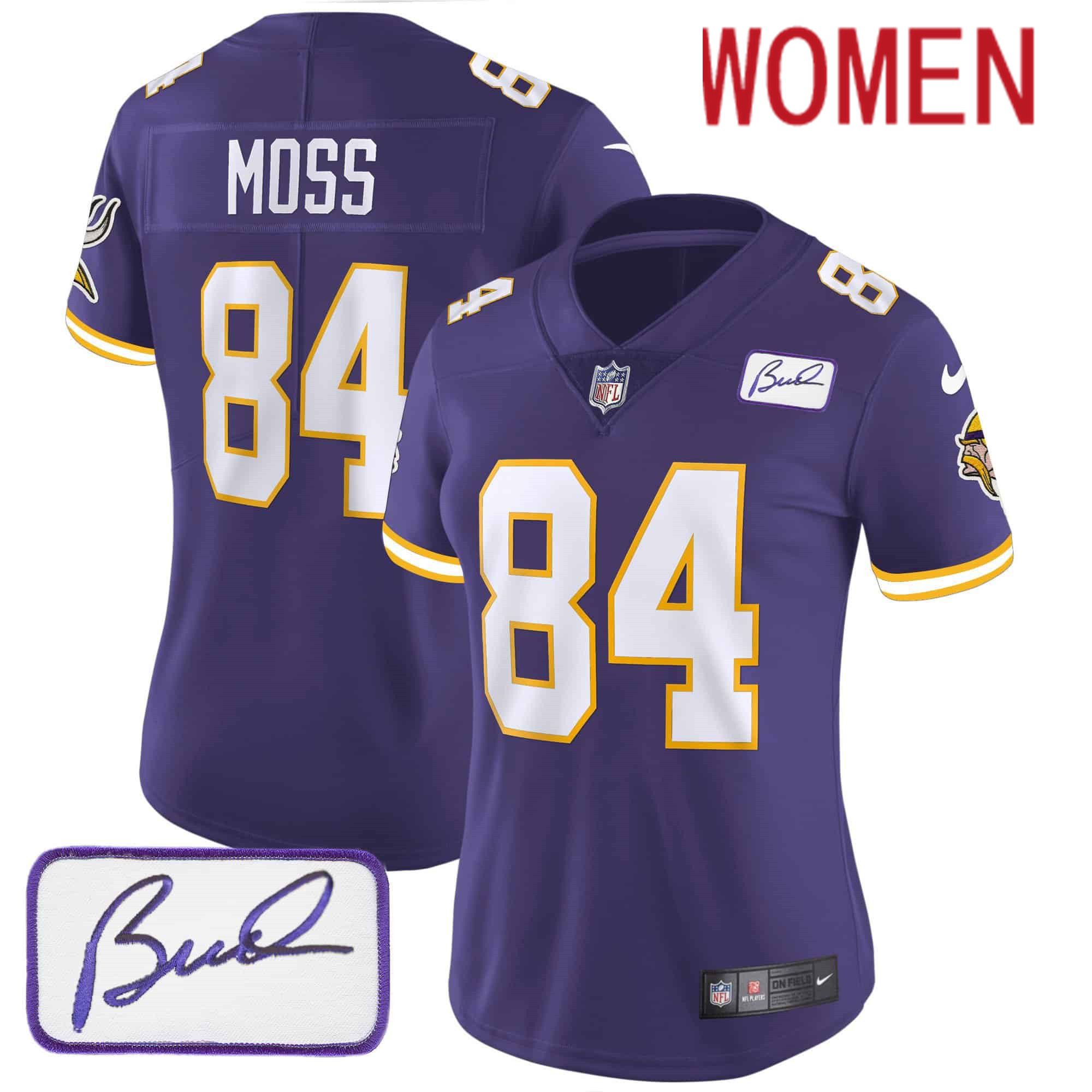 Women Minnesota Vikings 84 Moss Purple 2024 Nike Bud Grant Patch Classic Limited NFL Jersey style 3